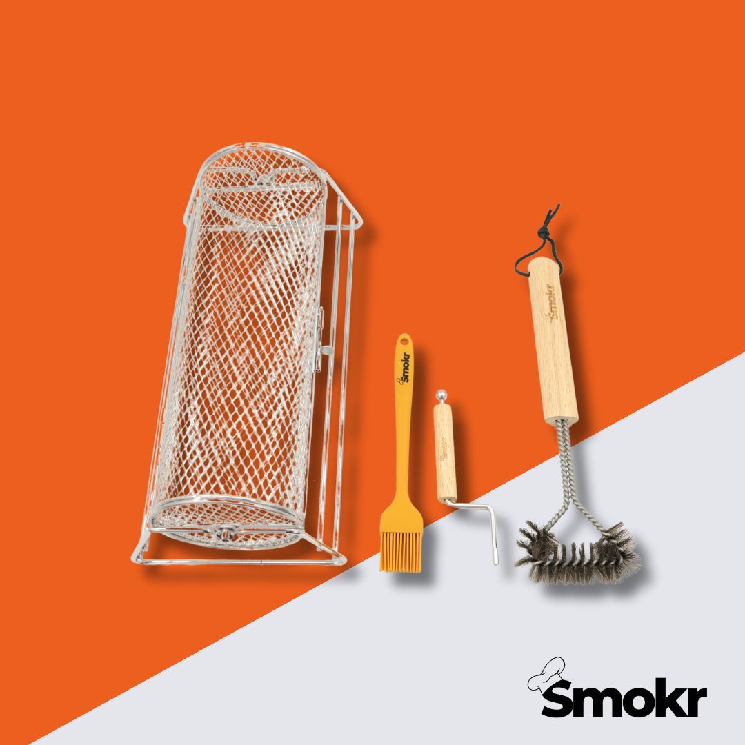 BBQ Rolling Basket, Silicon Brush, & Cleaning Brush Bundle