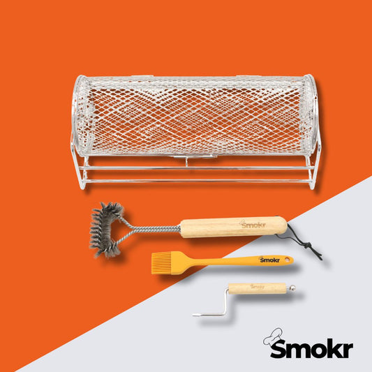 BBQ Rolling Basket, Silicon Brush, & Cleaning Brush Bundle